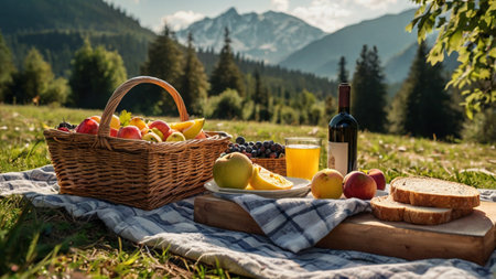 Picnic in the Alps. Basket with fruit, bread and wineの写真素材