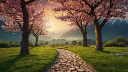 Cherry blossoms at sunset in the mountains. 3D rendering