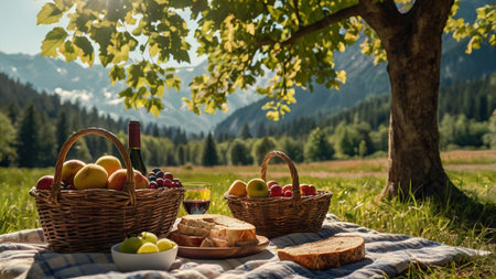 Picnic in the Alps. Basket with fruit and bread on the blanket.の写真素材
