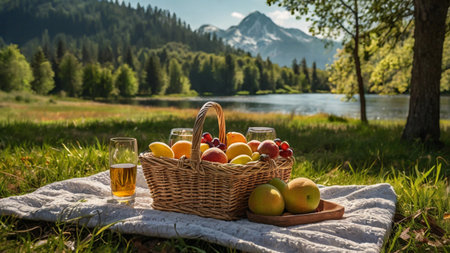 Picnic basket with fruits on blanket in front of mountain lake.の写真素材