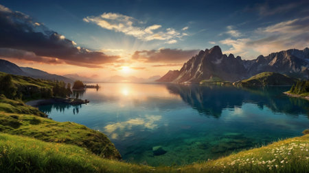 Wonderful summer sunrise over the lake. Dolomites, Italyの写真素材