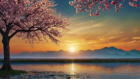 cherry blossom at sunset with mountain background, japan.の写真素材