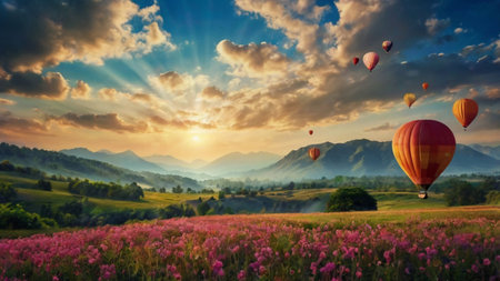Hot air balloons over the meadow with flowers and mountains at sunriseの写真素材