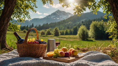 Picnic in the Alps. Picnic basket with fruits, wine and picnic blanket.の写真素材