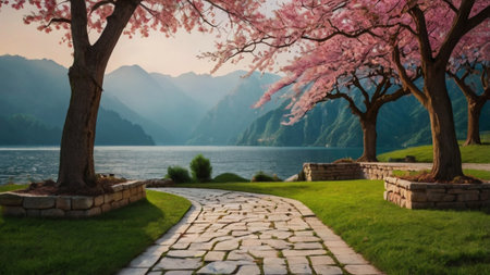 Cherry blossoms at Lake Kawaguchiko, Japan.の写真素材