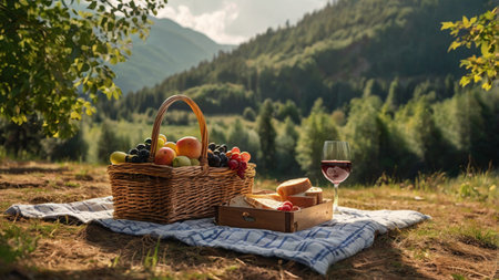 Picnic in the mountains. Picnic basket with bread, wine and fruitsの写真素材