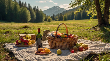 Picnic basket with fruits and wine on a blanket in the mountainsの写真素材