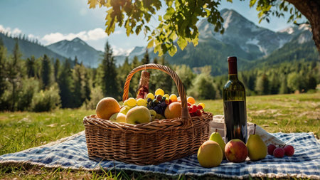 Picnic basket with fruits and wine on the grass in the mountainsの写真素材