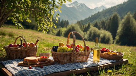 Picnic in the mountains. Picnic basket with fruits and wine.の写真素材