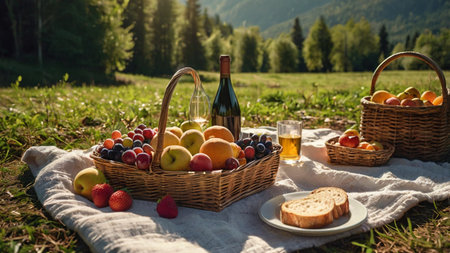 Picnic basket with fruit and wine on the grass in the mountainsの写真素材