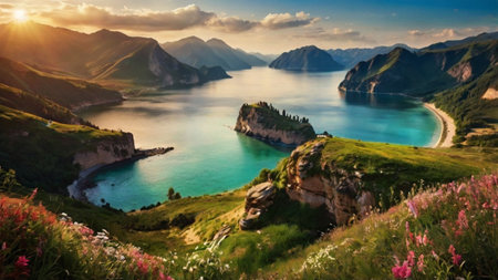 Beautiful panorama of a lake at sunriseの写真素材