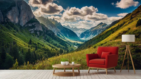 Composite image of red armchair and coffee table against mountains