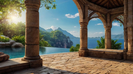 Beautiful view from the garden to the pool and the mountains.の写真素材