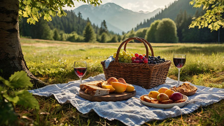 Picnic in the mountains. Picnic basket with fruit and wine.の写真素材