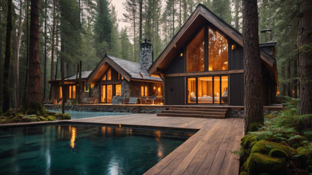 wooden house in the forest with swimming pool and terrace.の写真素材