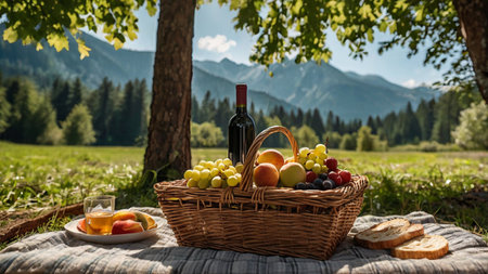 Wicker basket with wine, fruits and bread on picnic blanket in mountainsの写真素材