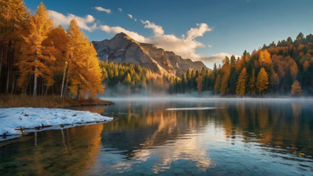 Autumn alpine lake in the morning mist. Landscape photographyの写真素材