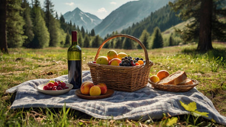 Picnic in the mountains. Picnic basket with fruits and wine on the grassの写真素材