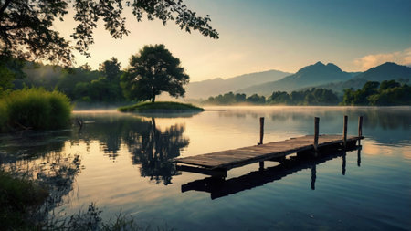 Wooden pier on the lake at sunrise with mist in the backgroundの写真素材
