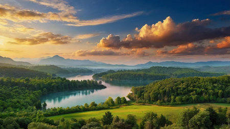 Panoramic view of beautiful landscape with lake and mountains at sunsetの写真素材