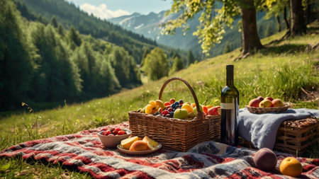 Picnic in the mountains. Picnic basket with fruit and wine on a blanket.の写真素材