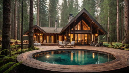 Wooden chalet in the forest with swimming pool and deckの写真素材