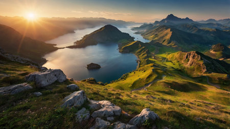 Panoramic view of Lake Lucerne at sunrise, Switzerlandの写真素材