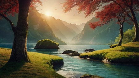 Beautiful landscape of lake and mountains at sunset. Nature composition.の写真素材