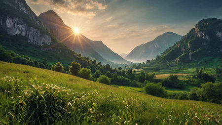 Beautiful summer landscape with green meadow and mountains in the backgroundの写真素材
