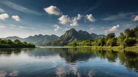 Landscape of the river and mountains in the background. Beautiful nature.の写真素材
