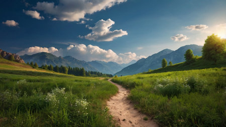 Beautiful summer landscape with green meadow and mountains in the backgroundの写真素材