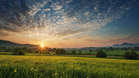 Sunset over rice field in the countryside of Thailand. Panoramic view.の写真素材