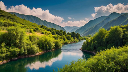 Panoramic view of the mountain river in the Caucasus mountains.の写真素材