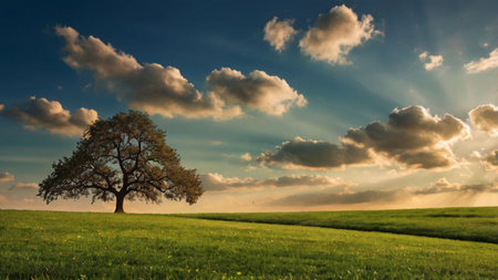 Lonely tree on a green meadow at sunset with cloudsの写真素材