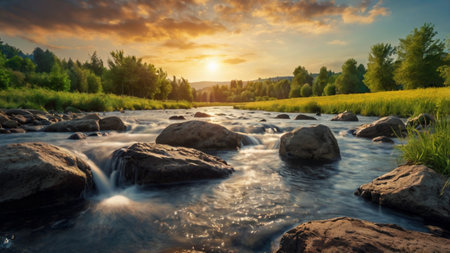 Mountain river at sunset. Nature composition. Panoramic view.の写真素材
