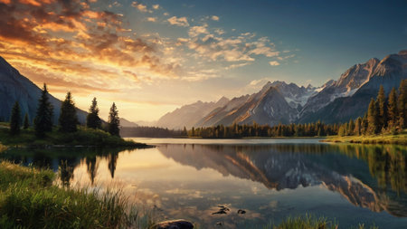 Mountain lake at sunrise. Canadian Rockies. Alberta, Canada.の写真素材