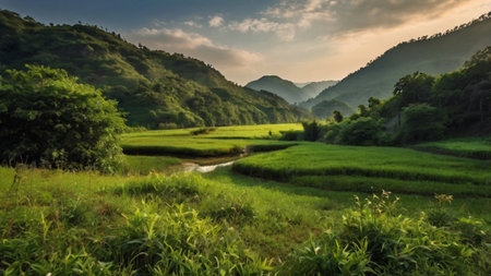 Landscape of rice terraces in the countryside of Bali, Indonesiaの写真素材