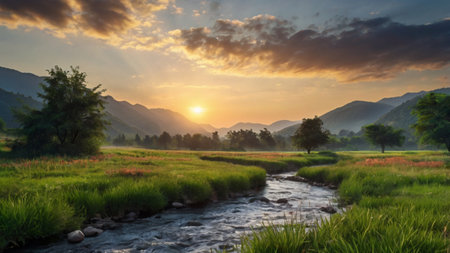 Beautiful landscape of rice field and river at sunset in the morningの写真素材