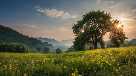 Sunrise over a meadow with yellow flowers and a lonely treeの写真素材