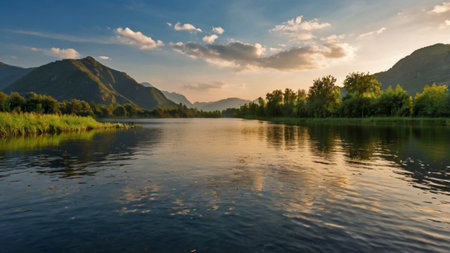 beautiful landscape with lake and mountains in the background at sunset timeの写真素材