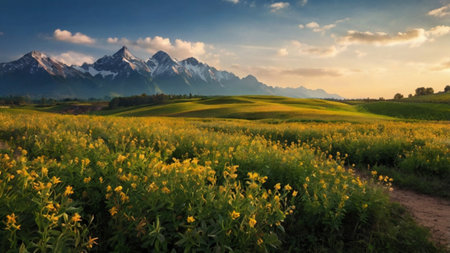 panoramic view of alpine meadow with yellow flowers and snowy mountainsの写真素材