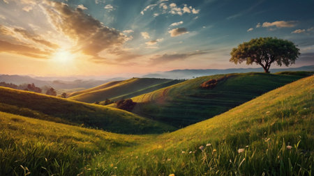 Beautiful sunset in Tuscany, Italy. Panoramic landscapeの写真素材