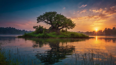 Beautiful sunrise over a small island with a tree in the foregroundの写真素材