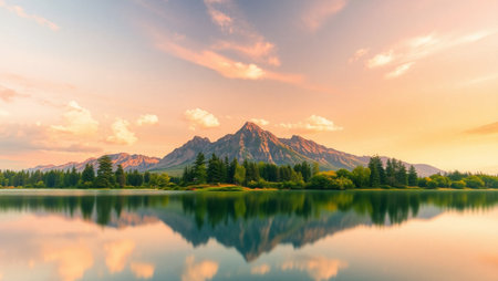 Panoramic view of the beautiful lake in the mountains at sunsetの写真素材
