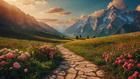 Beautiful summer landscape with blooming meadow and snow-capped mountainsの写真素材