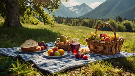 Picnic in the mountains on a sunny summer day. Picnic basket with fruit and wine.の写真素材