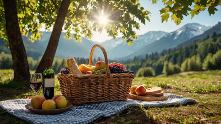 Picnic basket with fruits and wine on the grass in the mountainsの写真素材