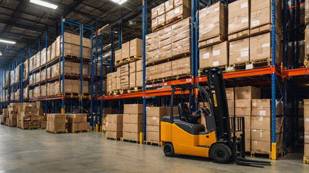 Forklift in warehouse. Logistics, supply chain and warehouse business concept.