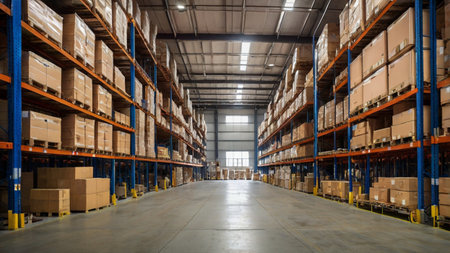 Warehouse interior with rows of shelves and pallets. Industrial background