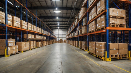 Warehouse interior with rows of boxes and shelves. Industrial background.の写真素材